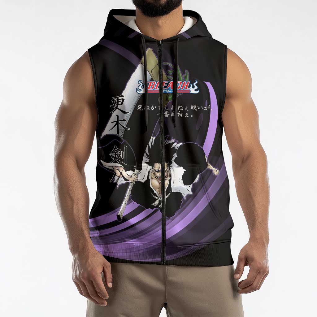 Kenpachi Zaraki Bleach Anime Black and Purple Theme Sleeveless Zip Hoodie with Battle Stance and Japanese Quote Design - The Mazicc
