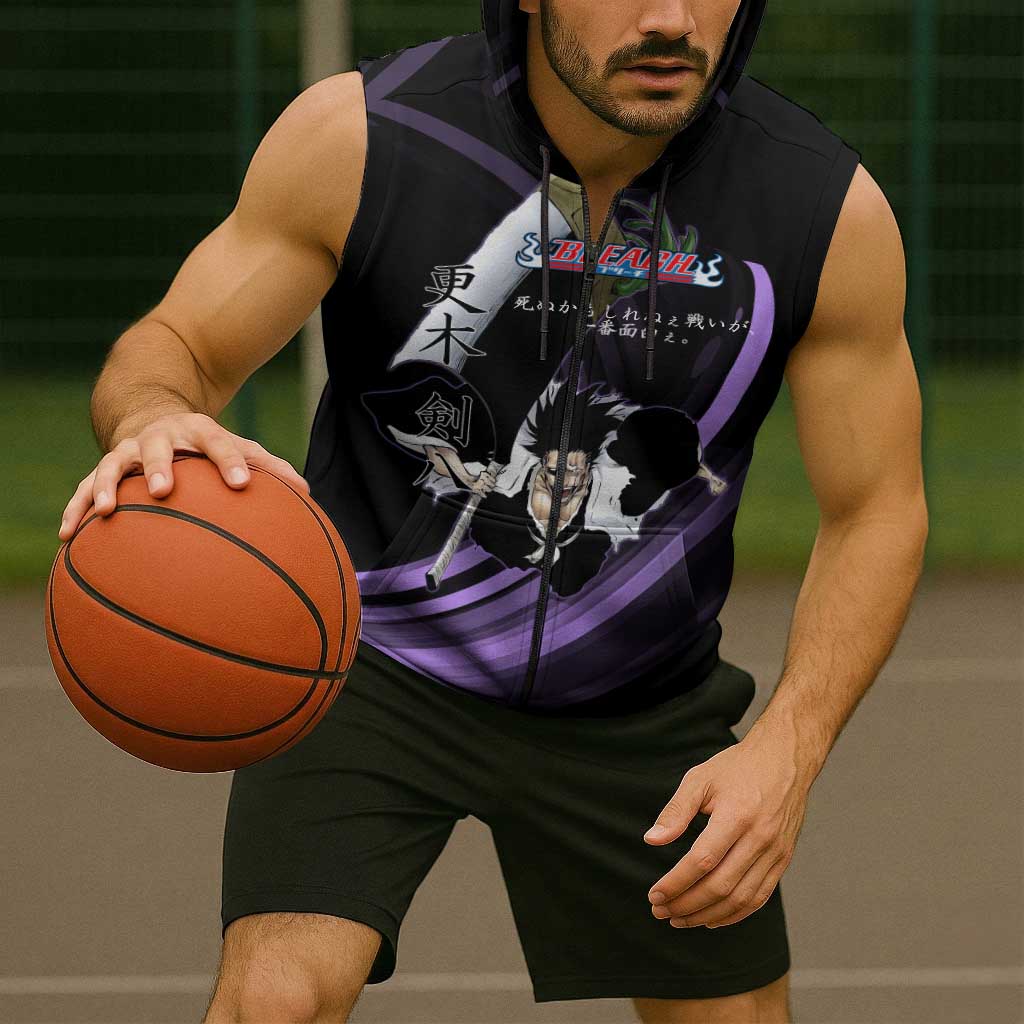 Kenpachi Zaraki Bleach Anime Black and Purple Theme Sleeveless Zip Hoodie with Battle Stance and Japanese Quote Design - The Mazicc