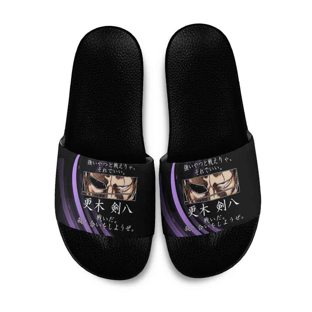 Kenpachi Zaraki Bleach Anime Black and Purple Theme Slide Sandals with Battle Stance and Japanese Quote Design - The Mazicc
