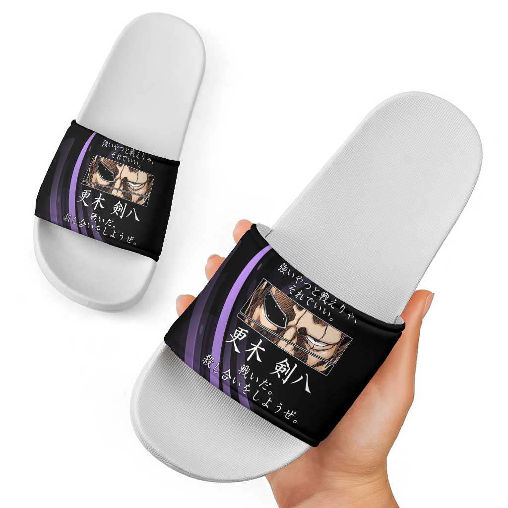 Kenpachi Zaraki Bleach Anime Black and Purple Theme Slide Sandals with Battle Stance and Japanese Quote Design - The Mazicc