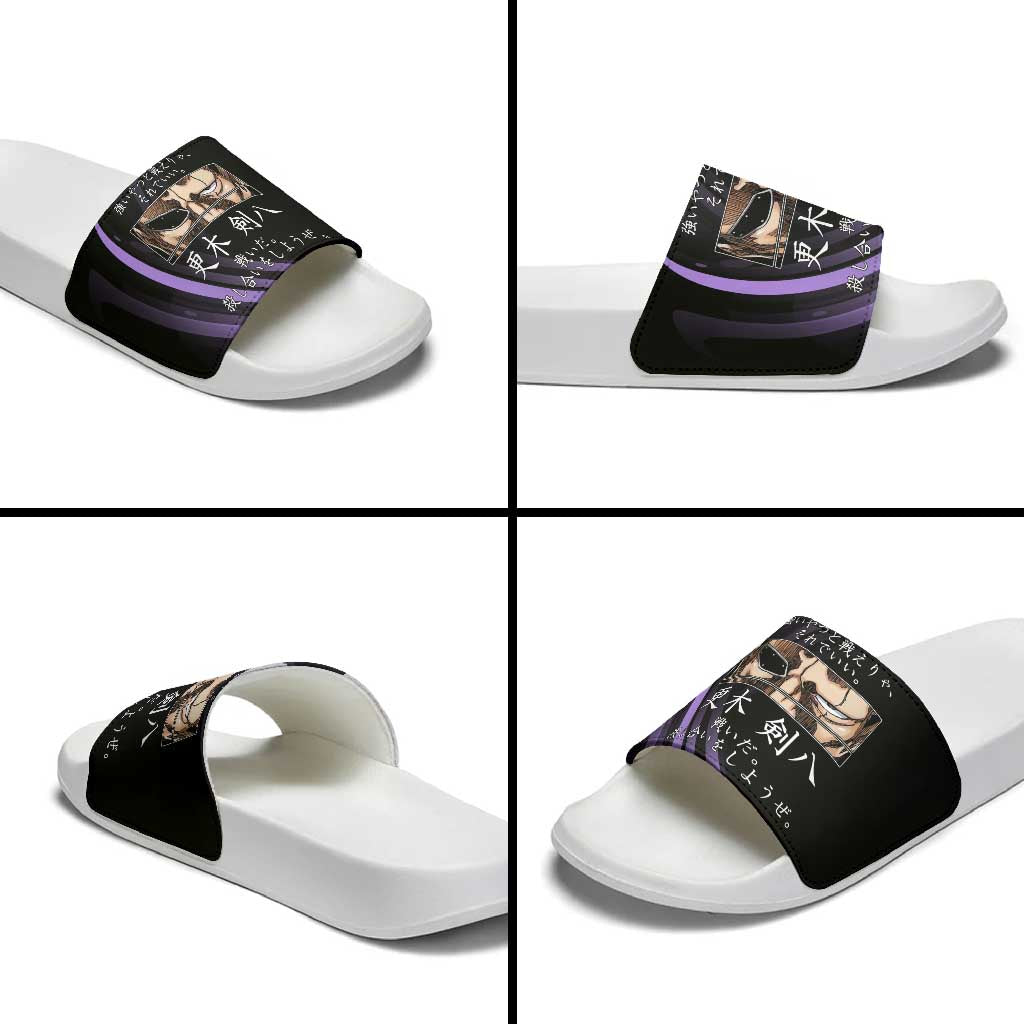Kenpachi Zaraki Bleach Anime Black and Purple Theme Slide Sandals with Battle Stance and Japanese Quote Design - The Mazicc