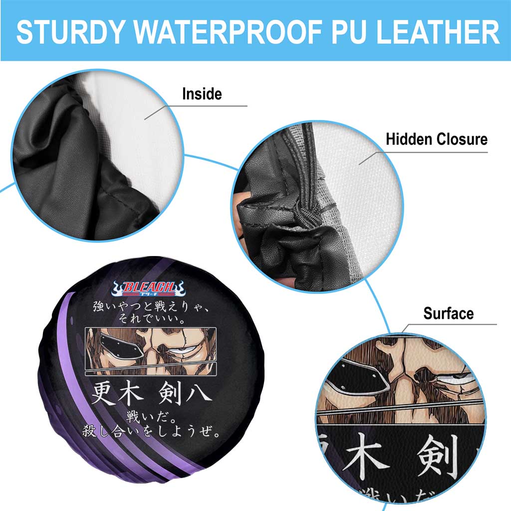 Kenpachi Zaraki Bleach Anime Black and Purple Theme Spare Tire Cover with Battle Stance and Japanese Quote Design - The Mazicc