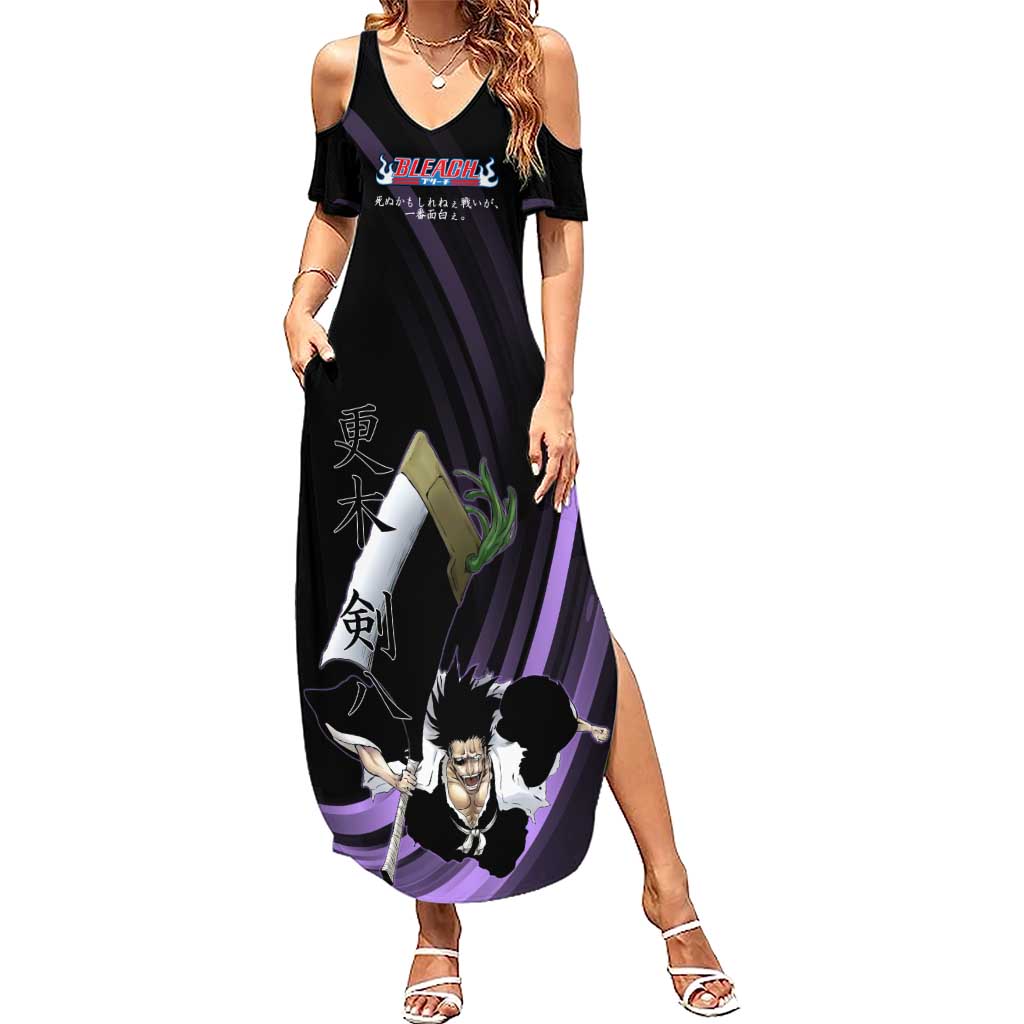 Kenpachi Zaraki Bleach Anime Black and Purple Theme Summer Maxi Dress with Battle Stance and Japanese Quote Design - The Mazicc