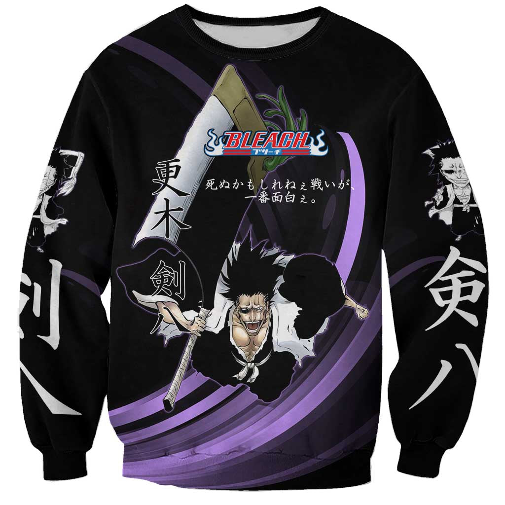 Kenpachi Zaraki Bleach Anime Black and Purple Theme Sweatshirt with Battle Stance and Japanese Quote Design - The Mazicc