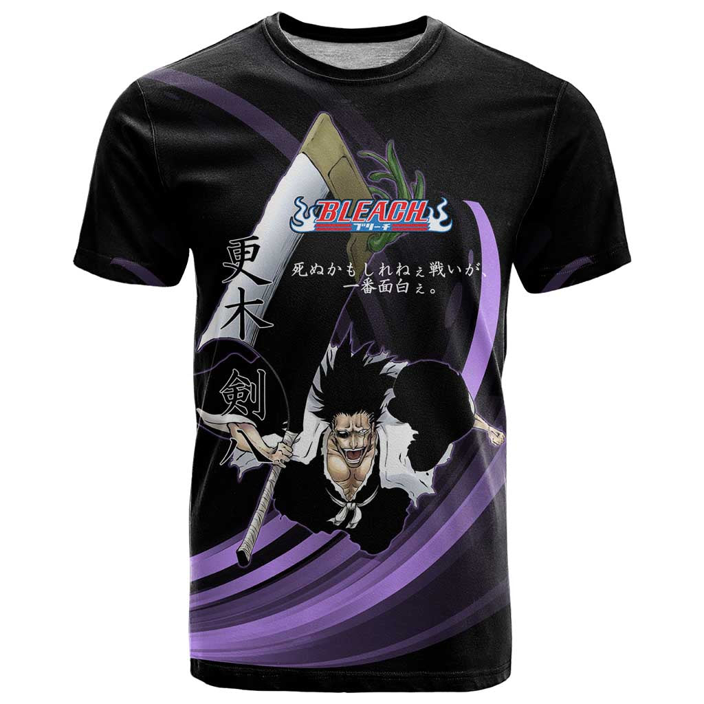 Kenpachi Zaraki Bleach Anime Black and Purple Theme T Shirt with Battle Stance and Japanese Quote Design - The Mazicc
