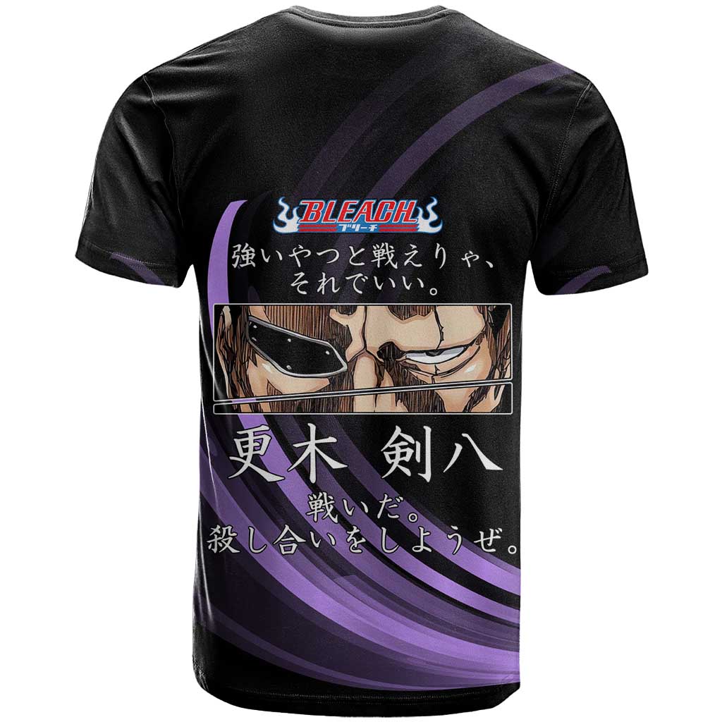 Kenpachi Zaraki Bleach Anime Black and Purple Theme T Shirt with Battle Stance and Japanese Quote Design - The Mazicc
