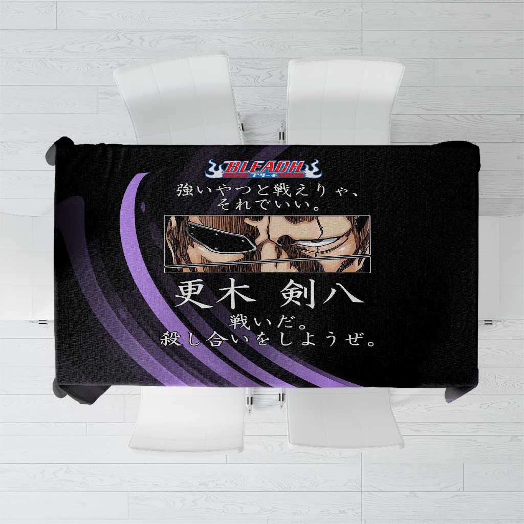 Kenpachi Zaraki Bleach Anime Black and Purple Theme Tablecloth with Battle Stance and Japanese Quote Design - The Mazicc