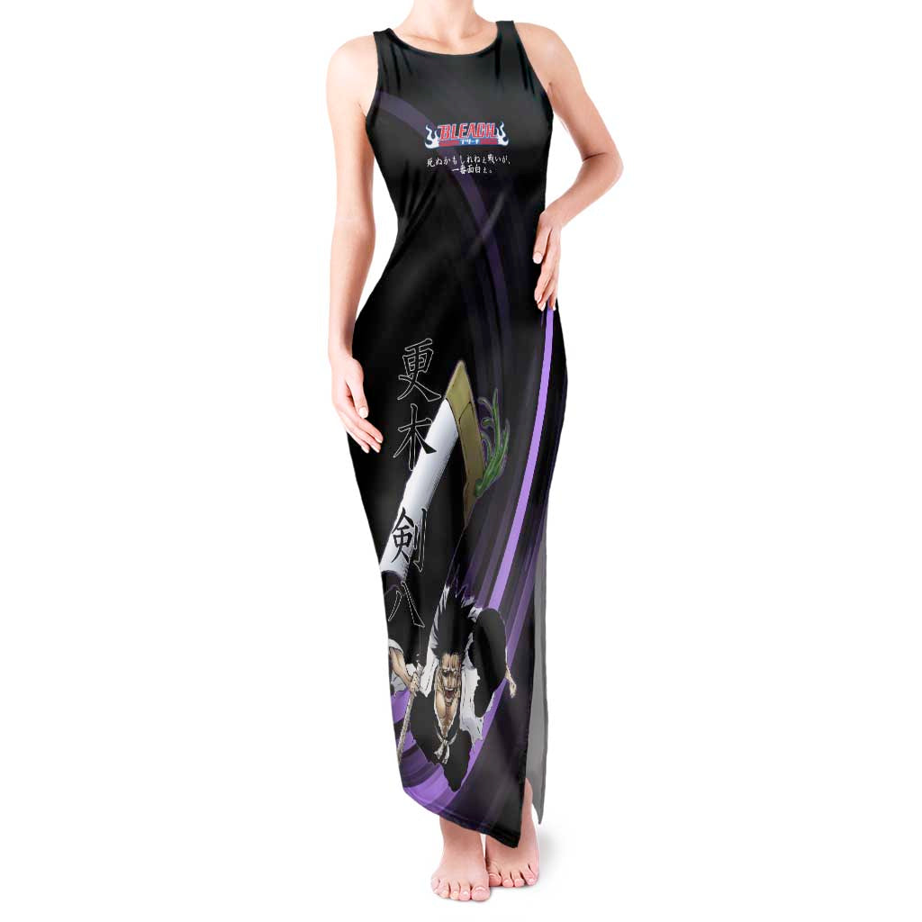 Kenpachi Zaraki Bleach Anime Black and Purple Theme Tank Maxi Dress with Battle Stance and Japanese Quote Design - The Mazicc
