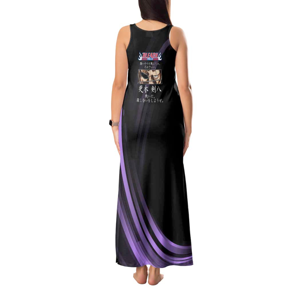 Kenpachi Zaraki Bleach Anime Black and Purple Theme Tank Maxi Dress with Battle Stance and Japanese Quote Design - The Mazicc