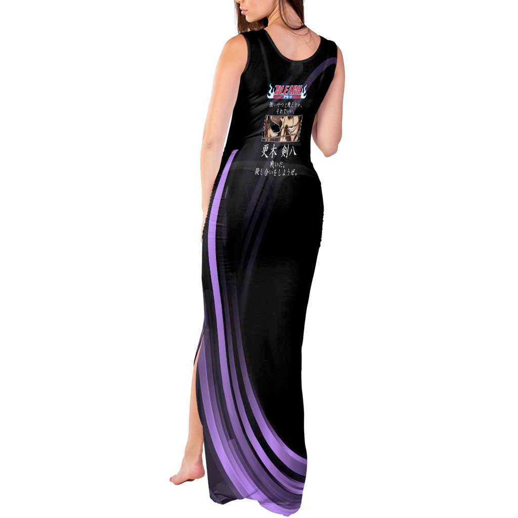 Kenpachi Zaraki Bleach Anime Black and Purple Theme Tank Maxi Dress with Battle Stance and Japanese Quote Design - The Mazicc