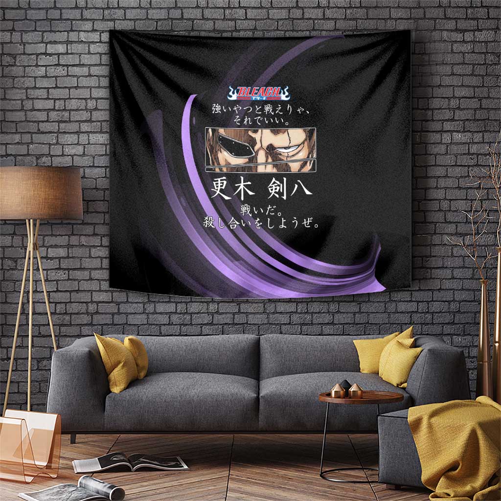 Kenpachi Zaraki Bleach Anime Black and Purple Theme Tapestry with Battle Stance and Japanese Quote Design - The Mazicc