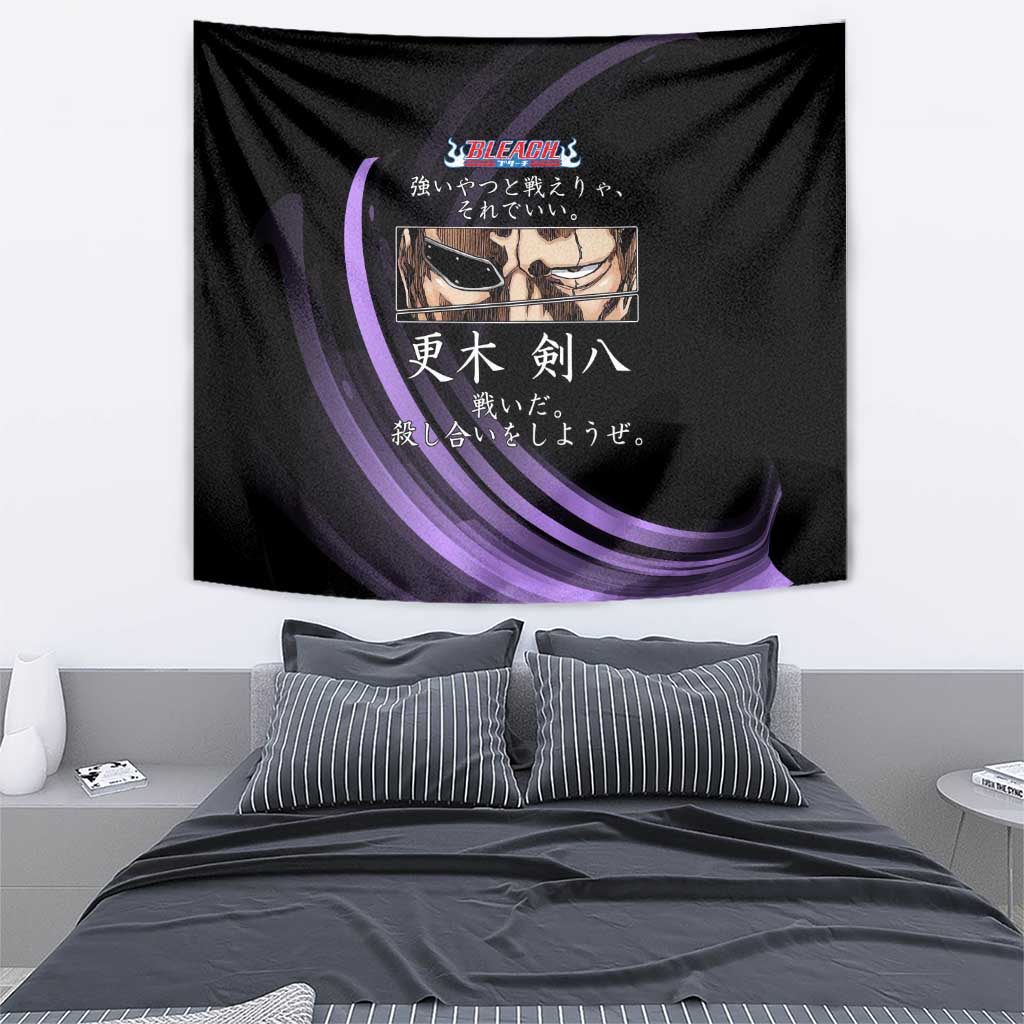 Kenpachi Zaraki Bleach Anime Black and Purple Theme Tapestry with Battle Stance and Japanese Quote Design - The Mazicc
