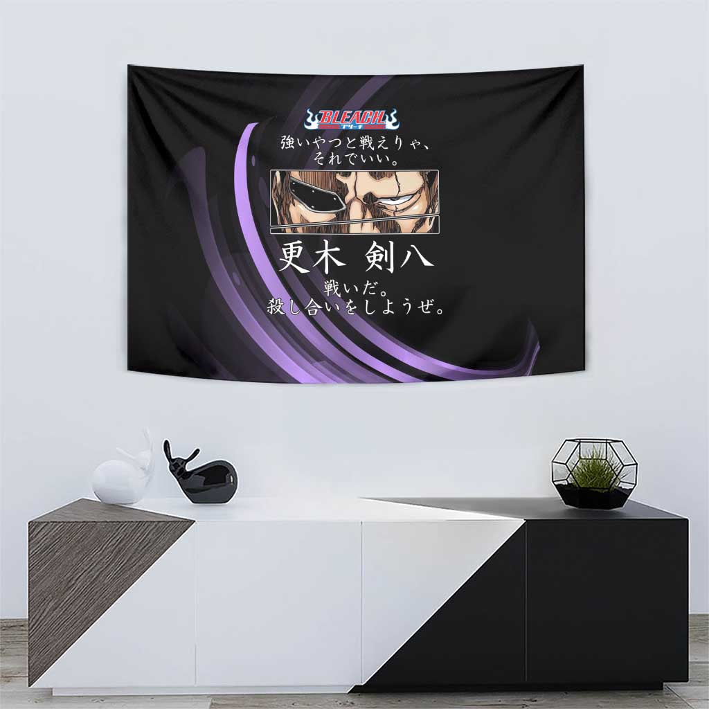 Kenpachi Zaraki Bleach Anime Black and Purple Theme Tapestry with Battle Stance and Japanese Quote Design - The Mazicc