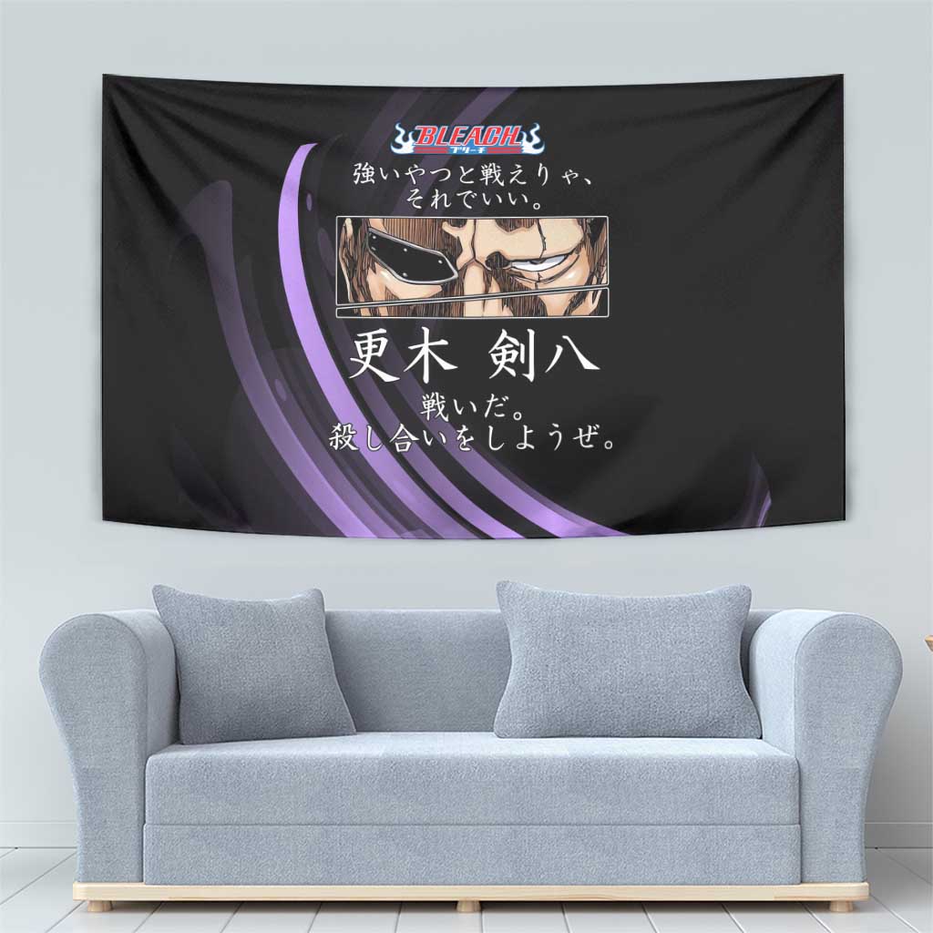 Kenpachi Zaraki Bleach Anime Black and Purple Theme Tapestry with Battle Stance and Japanese Quote Design - The Mazicc