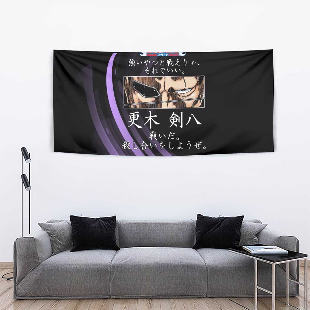Kenpachi Zaraki Bleach Anime Black and Purple Theme Tapestry with Battle Stance and Japanese Quote Design - The Mazicc