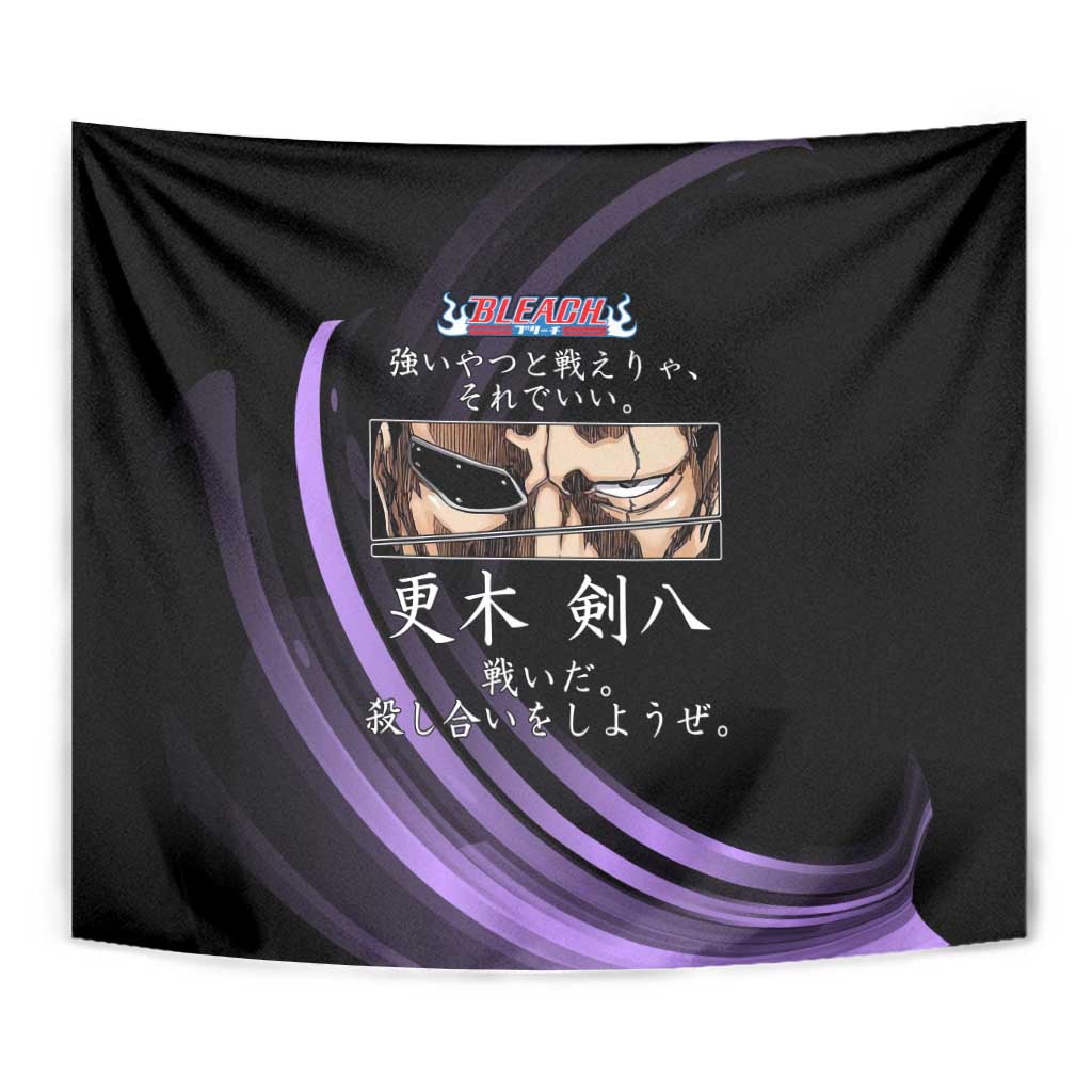 Kenpachi Zaraki Bleach Anime Black and Purple Theme Tapestry with Battle Stance and Japanese Quote Design - The Mazicc