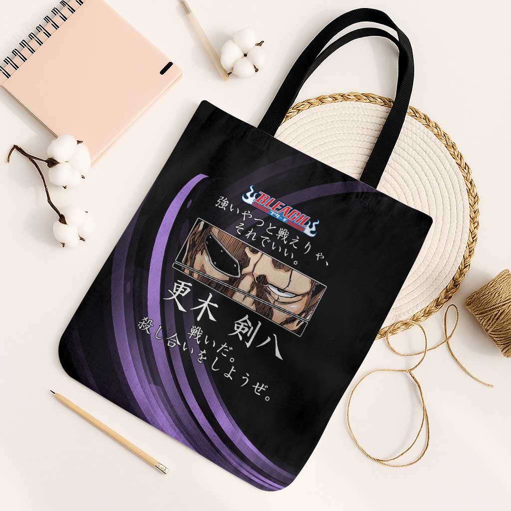 Kenpachi Zaraki Bleach Anime Black and Purple Theme Tote Bag with Battle Stance and Japanese Quote Design - The Mazicc