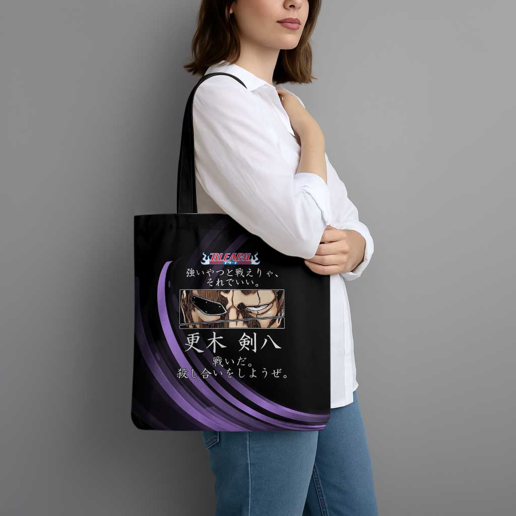 Kenpachi Zaraki Bleach Anime Black and Purple Theme Tote Bag with Battle Stance and Japanese Quote Design - The Mazicc