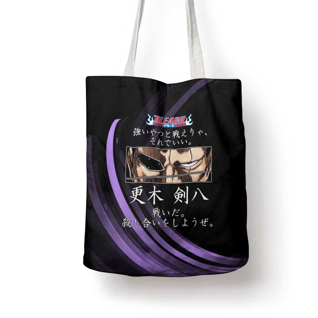 Kenpachi Zaraki Bleach Anime Black and Purple Theme Tote Bag with Battle Stance and Japanese Quote Design - The Mazicc