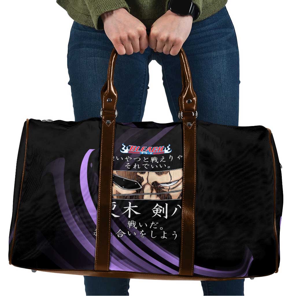 Kenpachi Zaraki Bleach Anime Black and Purple Theme Travel Bag with Battle Stance and Japanese Quote Design - The Mazicc