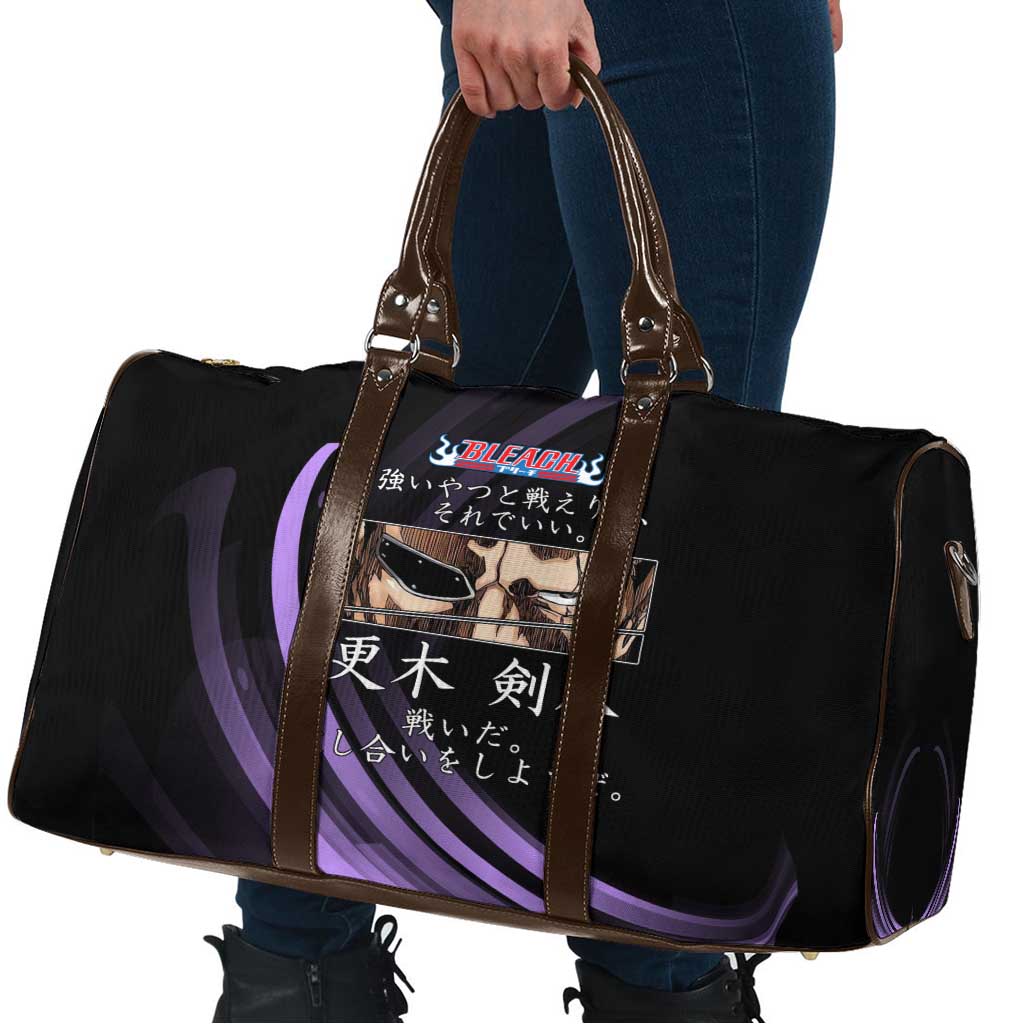 Kenpachi Zaraki Bleach Anime Black and Purple Theme Travel Bag with Battle Stance and Japanese Quote Design - The Mazicc