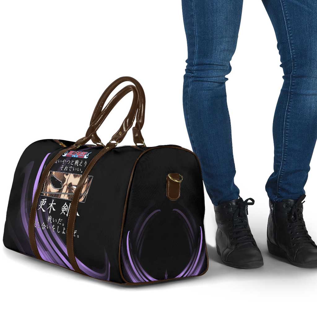 Kenpachi Zaraki Bleach Anime Black and Purple Theme Travel Bag with Battle Stance and Japanese Quote Design - The Mazicc