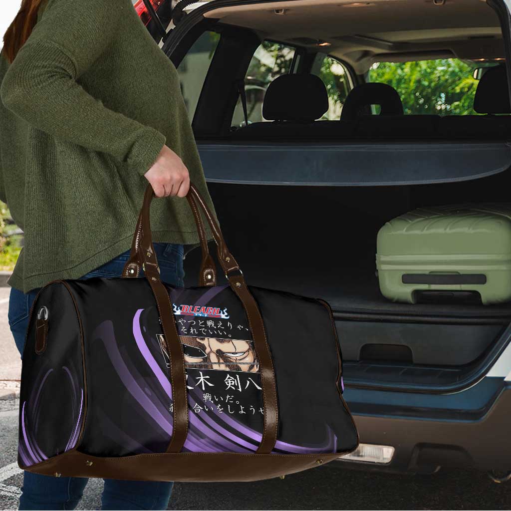 Kenpachi Zaraki Bleach Anime Black and Purple Theme Travel Bag with Battle Stance and Japanese Quote Design - The Mazicc