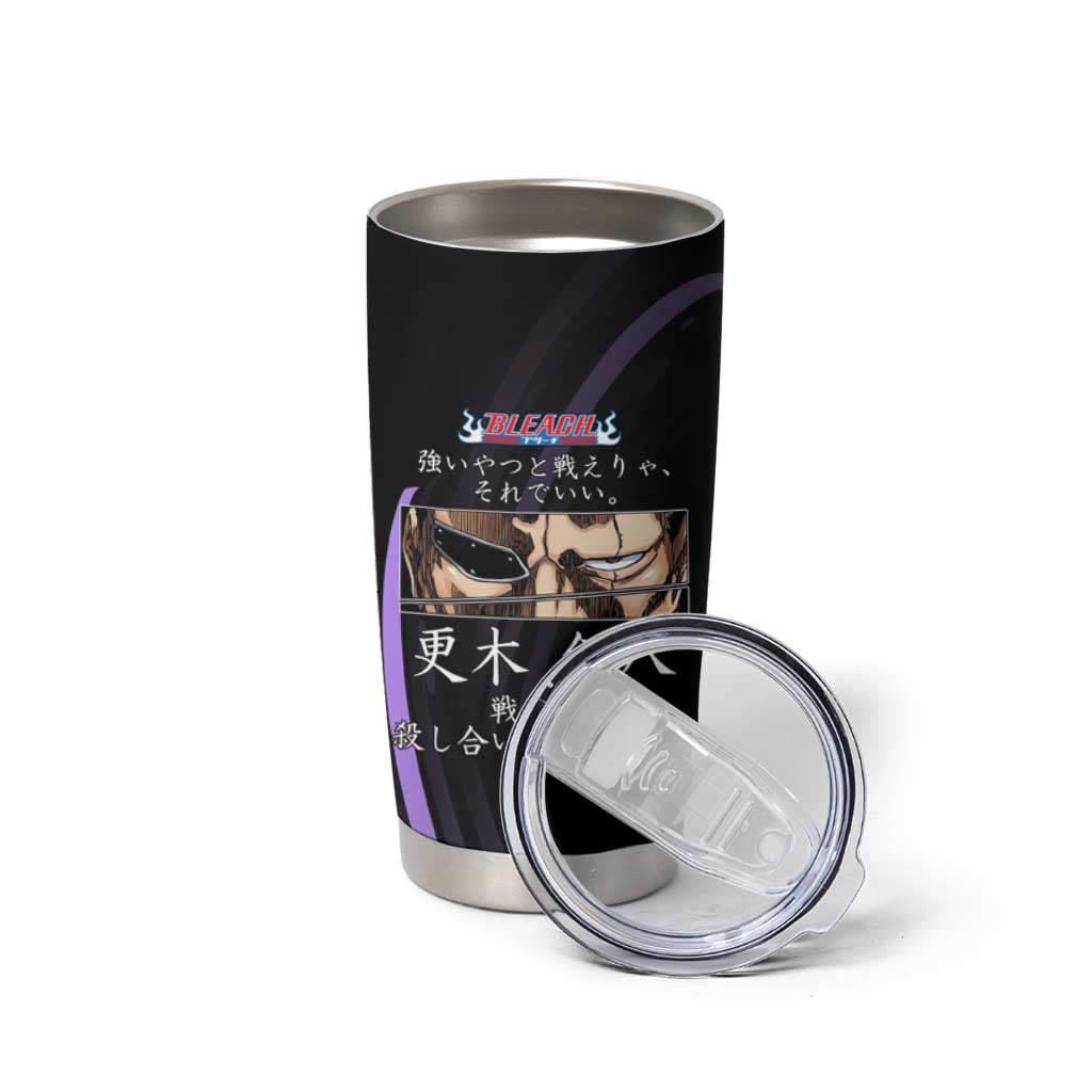 Kenpachi Zaraki Bleach Anime Black and Purple Theme Tumbler Cup with Battle Stance and Japanese Quote Design - The Mazicc
