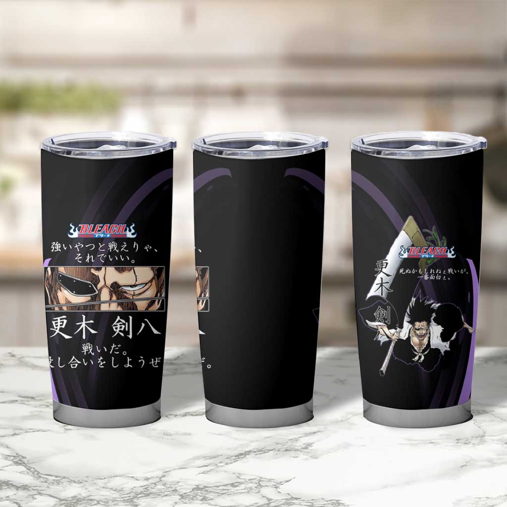 Kenpachi Zaraki Bleach Anime Black and Purple Theme Tumbler Cup with Battle Stance and Japanese Quote Design - The Mazicc