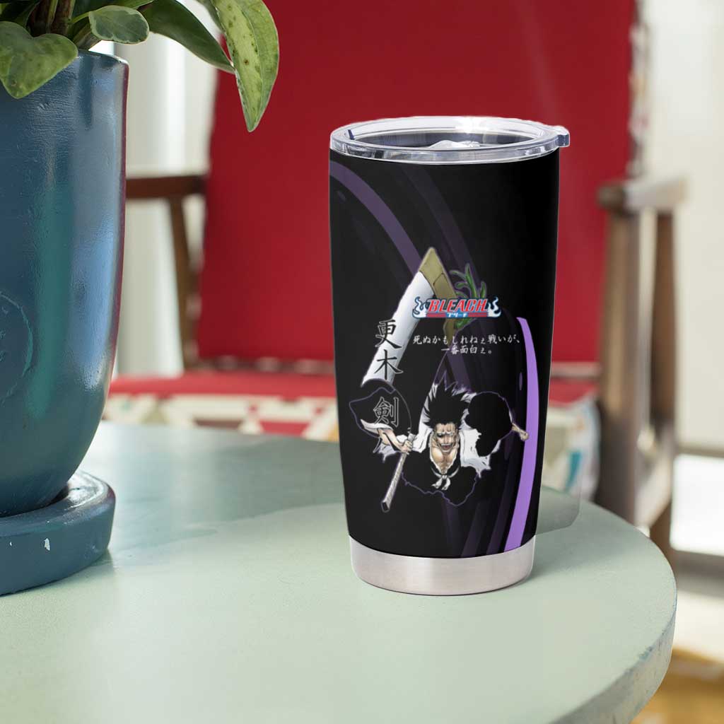 Kenpachi Zaraki Bleach Anime Black and Purple Theme Tumbler Cup with Battle Stance and Japanese Quote Design - The Mazicc