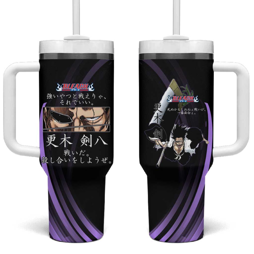 Kenpachi Zaraki Bleach Anime Black and Purple Theme Tumbler With Handle with Battle Stance and Japanese Quote Design - The Mazicc
