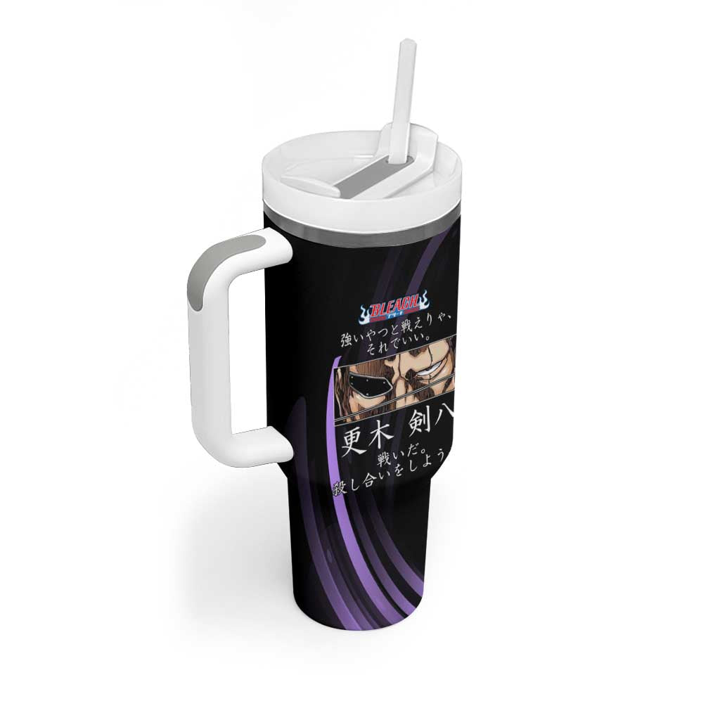 Kenpachi Zaraki Bleach Anime Black and Purple Theme Tumbler With Handle with Battle Stance and Japanese Quote Design - The Mazicc