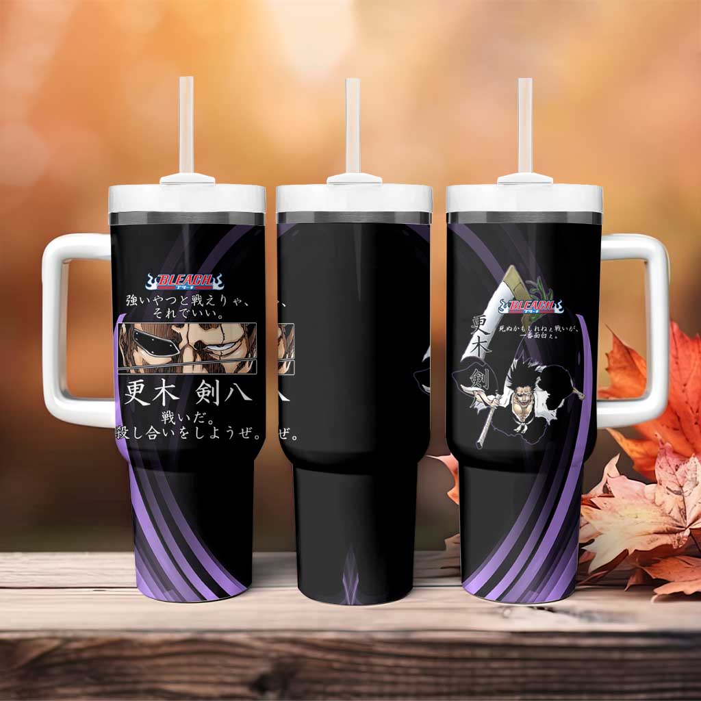Kenpachi Zaraki Bleach Anime Black and Purple Theme Tumbler With Handle with Battle Stance and Japanese Quote Design - The Mazicc