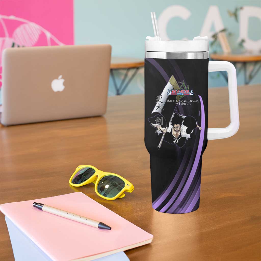 Kenpachi Zaraki Bleach Anime Black and Purple Theme Tumbler With Handle with Battle Stance and Japanese Quote Design - The Mazicc