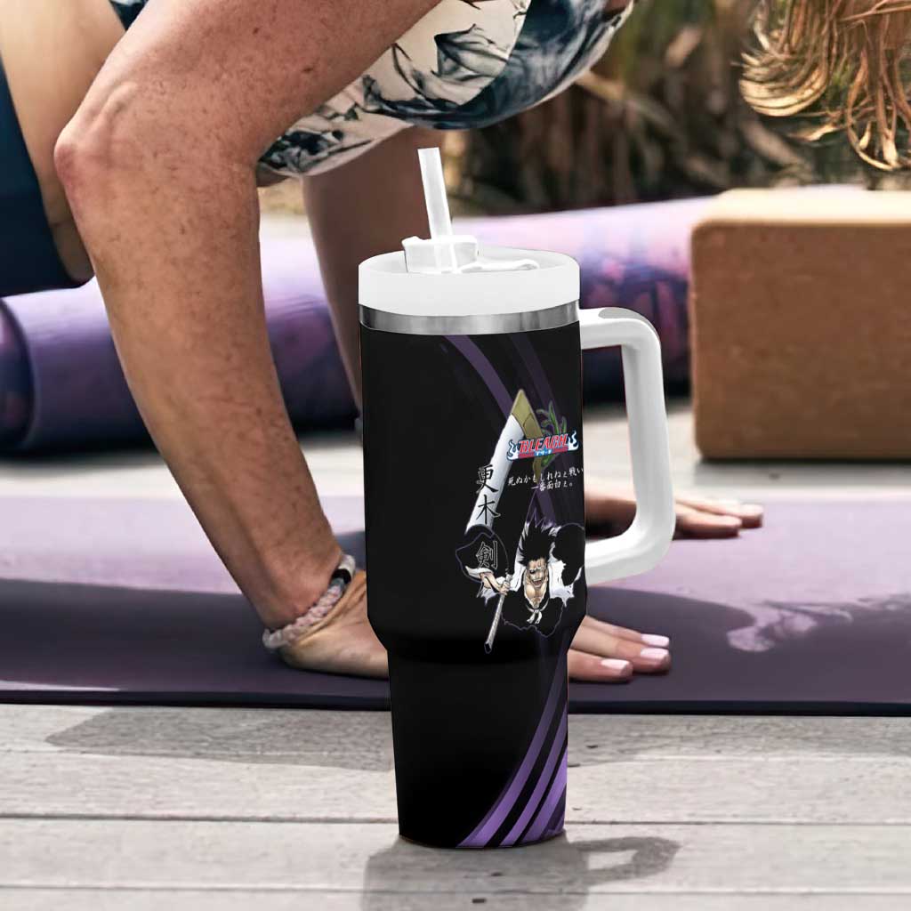 Kenpachi Zaraki Bleach Anime Black and Purple Theme Tumbler With Handle with Battle Stance and Japanese Quote Design - The Mazicc