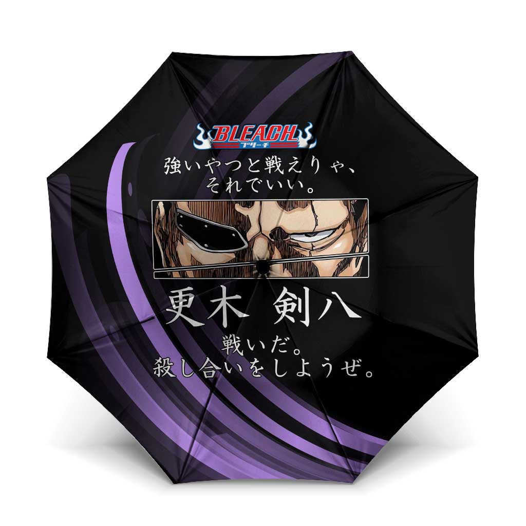 Kenpachi Zaraki Bleach Anime Black and Purple Theme Umbrella with Battle Stance and Japanese Quote Design - The Mazicc