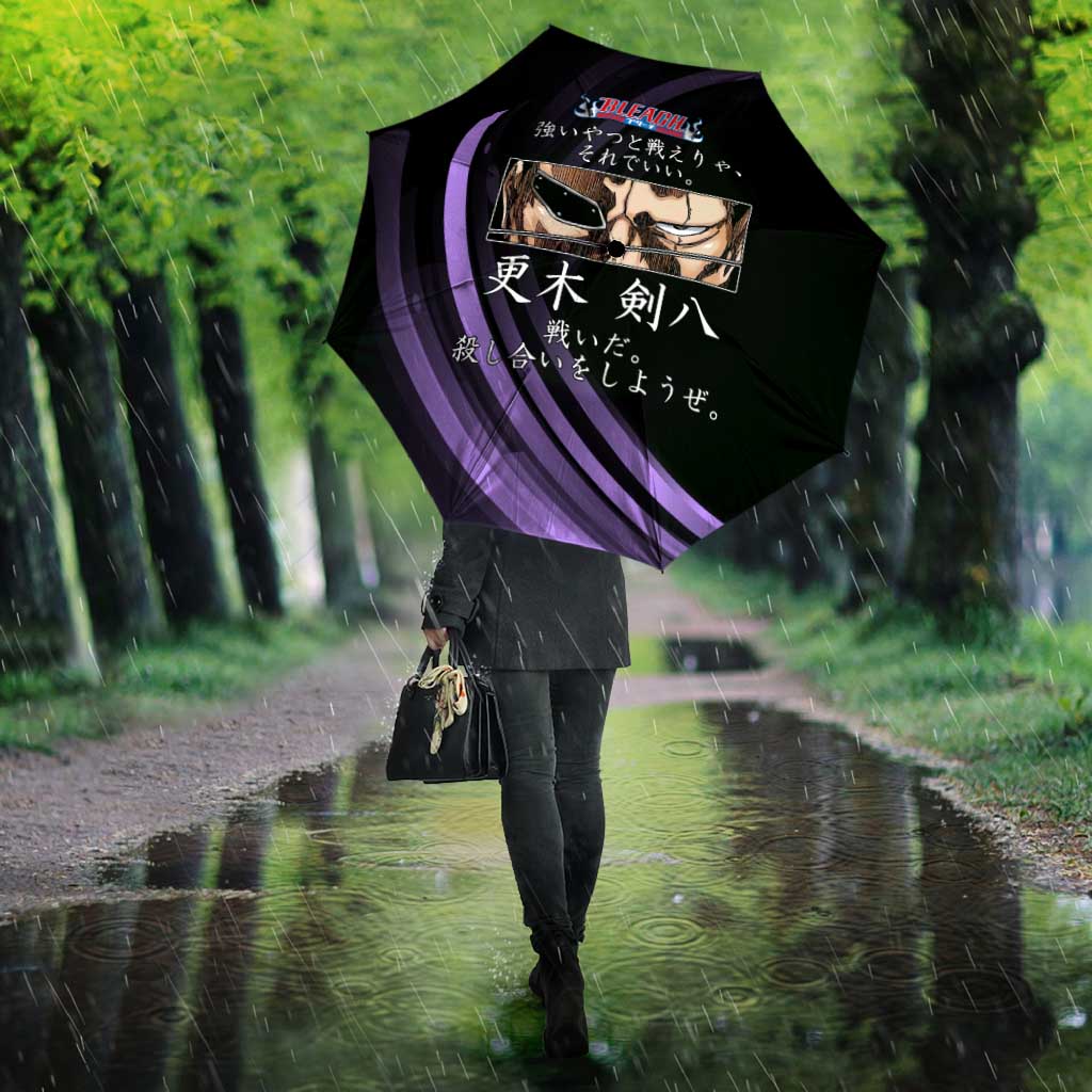 Kenpachi Zaraki Bleach Anime Black and Purple Theme Umbrella with Battle Stance and Japanese Quote Design - The Mazicc