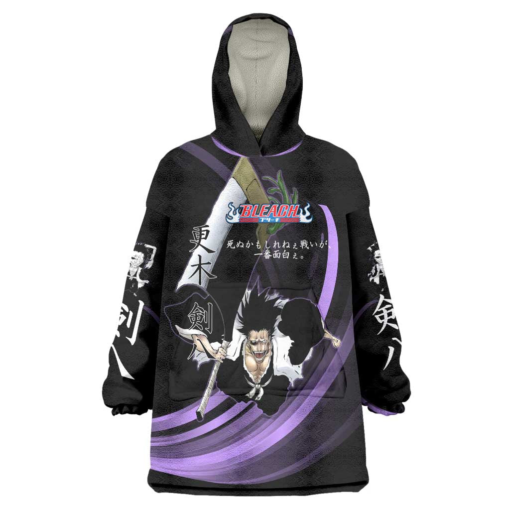 Kenpachi Zaraki Bleach Anime Black and Purple Theme Wearable Blanket Hoodie with Battle Stance and Japanese Quote Design - The Mazicc