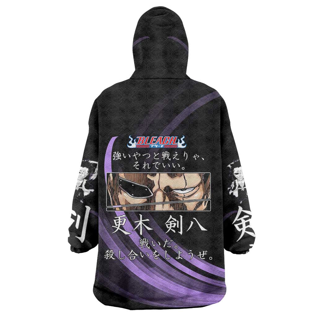Kenpachi Zaraki Bleach Anime Black and Purple Theme Wearable Blanket Hoodie with Battle Stance and Japanese Quote Design - The Mazicc