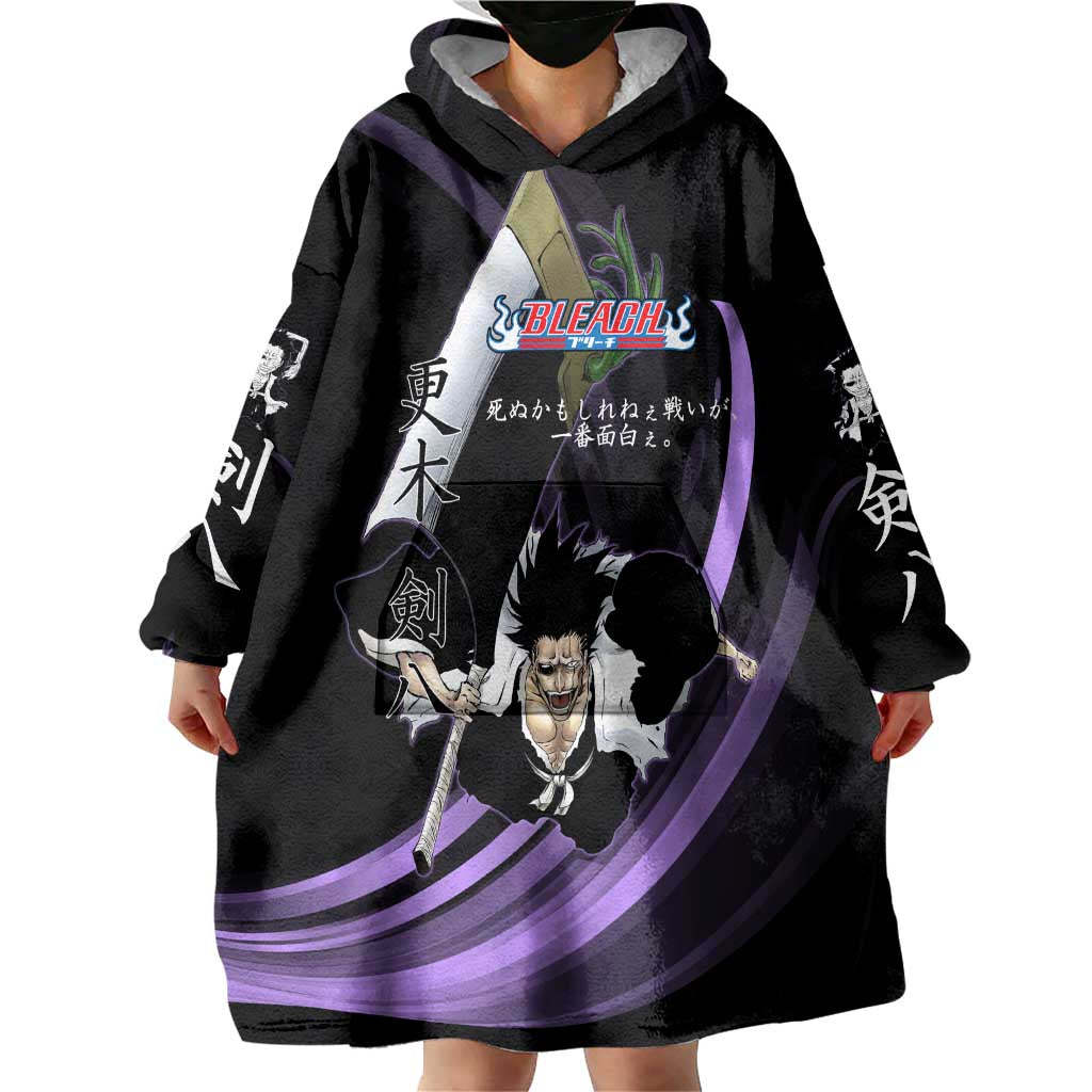 Kenpachi Zaraki Bleach Anime Black and Purple Theme Wearable Blanket Hoodie with Battle Stance and Japanese Quote Design - The Mazicc