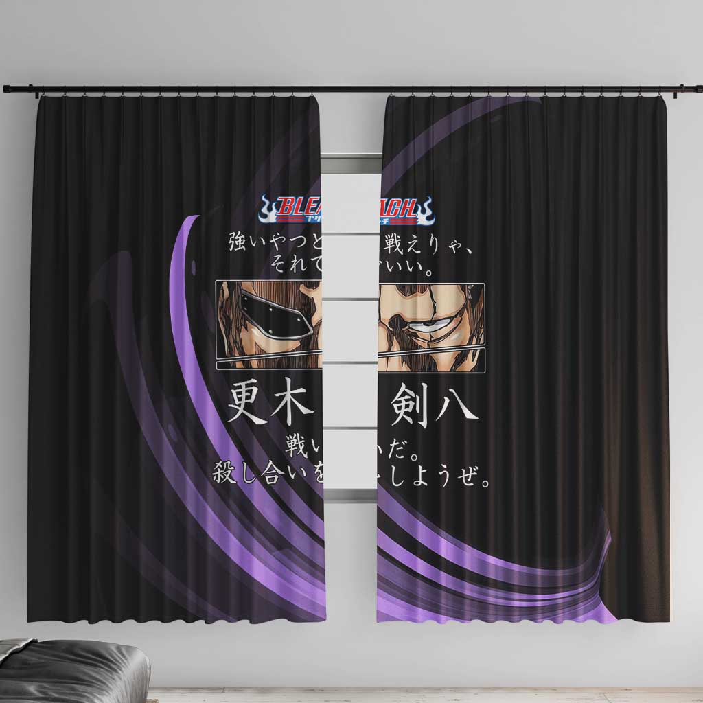Kenpachi Zaraki Bleach Anime Black and Purple Theme Window Curtain with Battle Stance and Japanese Quote Design - The Mazicc