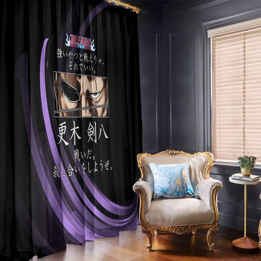 Kenpachi Zaraki Bleach Anime Black and Purple Theme Window Curtain with Battle Stance and Japanese Quote Design - The Mazicc