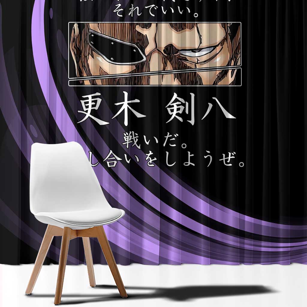 Kenpachi Zaraki Bleach Anime Black and Purple Theme Window Curtain with Battle Stance and Japanese Quote Design - The Mazicc