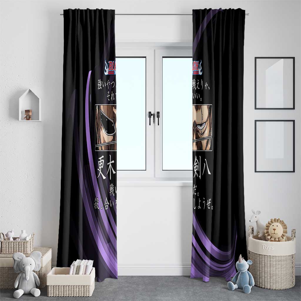 Kenpachi Zaraki Bleach Anime Black and Purple Theme Window Curtain with Battle Stance and Japanese Quote Design - The Mazicc