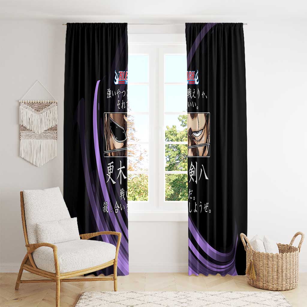Kenpachi Zaraki Bleach Anime Black and Purple Theme Window Curtain with Battle Stance and Japanese Quote Design - The Mazicc