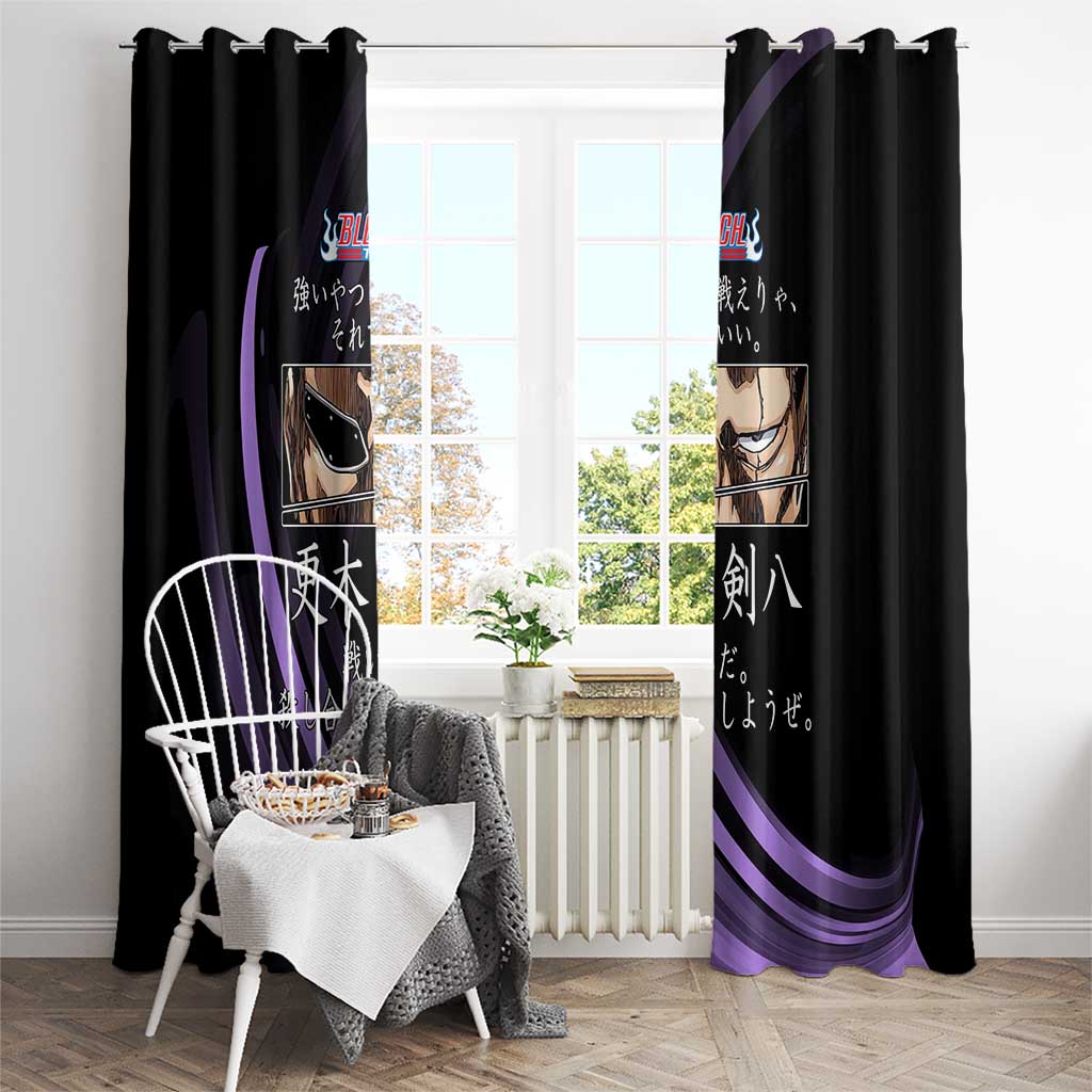 Kenpachi Zaraki Bleach Anime Black and Purple Theme Window Curtain with Battle Stance and Japanese Quote Design - The Mazicc