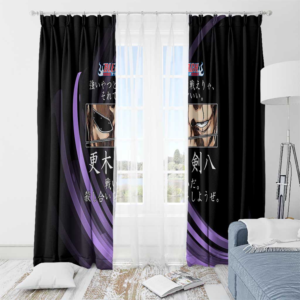 Kenpachi Zaraki Bleach Anime Black and Purple Theme Window Curtain with Battle Stance and Japanese Quote Design - The Mazicc