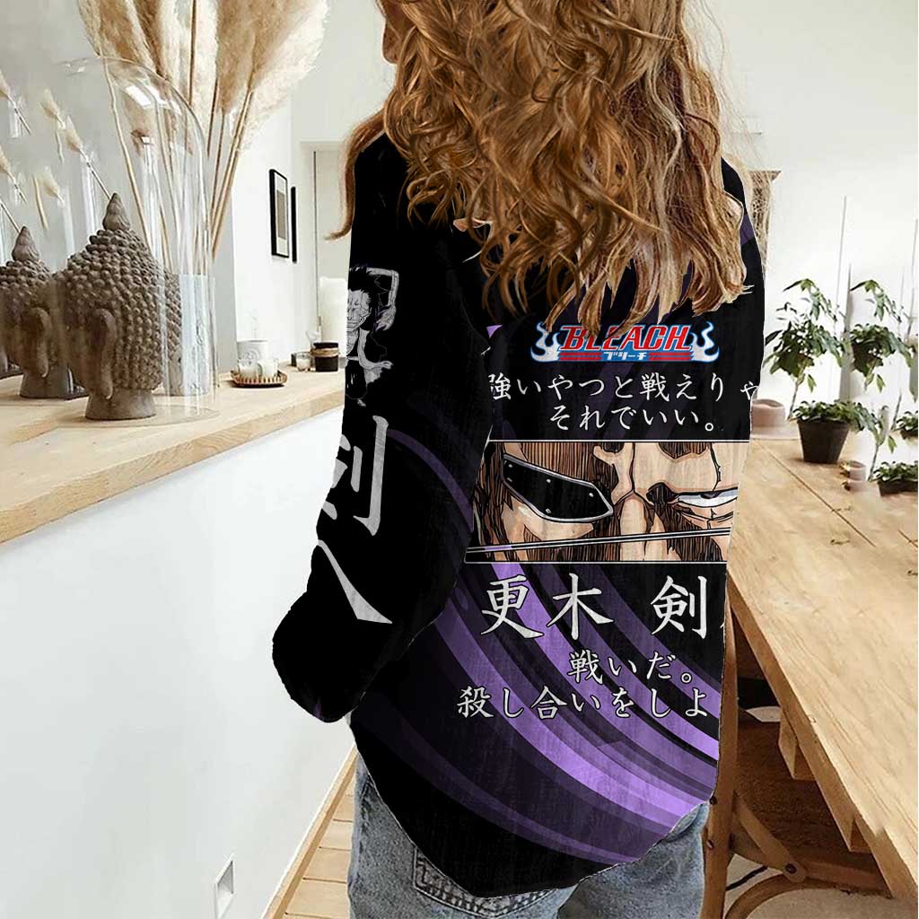 Kenpachi Zaraki Bleach Anime Black and Purple Theme Women Casual Shirt with Battle Stance and Japanese Quote Design - The Mazicc