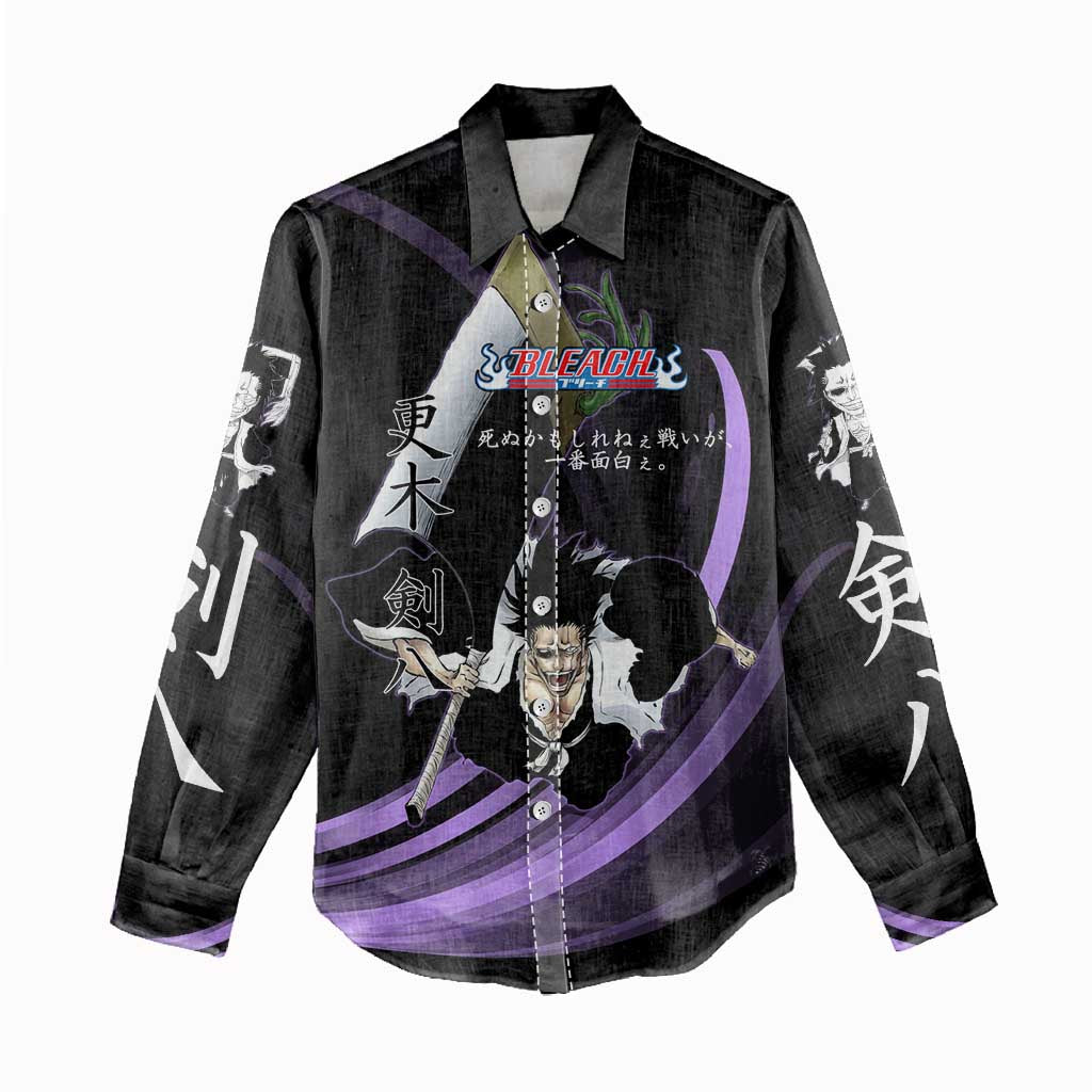Kenpachi Zaraki Bleach Anime Black and Purple Theme Women Casual Shirt with Battle Stance and Japanese Quote Design - The Mazicc
