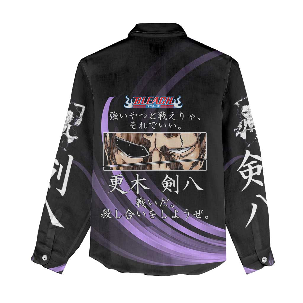 Kenpachi Zaraki Bleach Anime Black and Purple Theme Women Casual Shirt with Battle Stance and Japanese Quote Design - The Mazicc